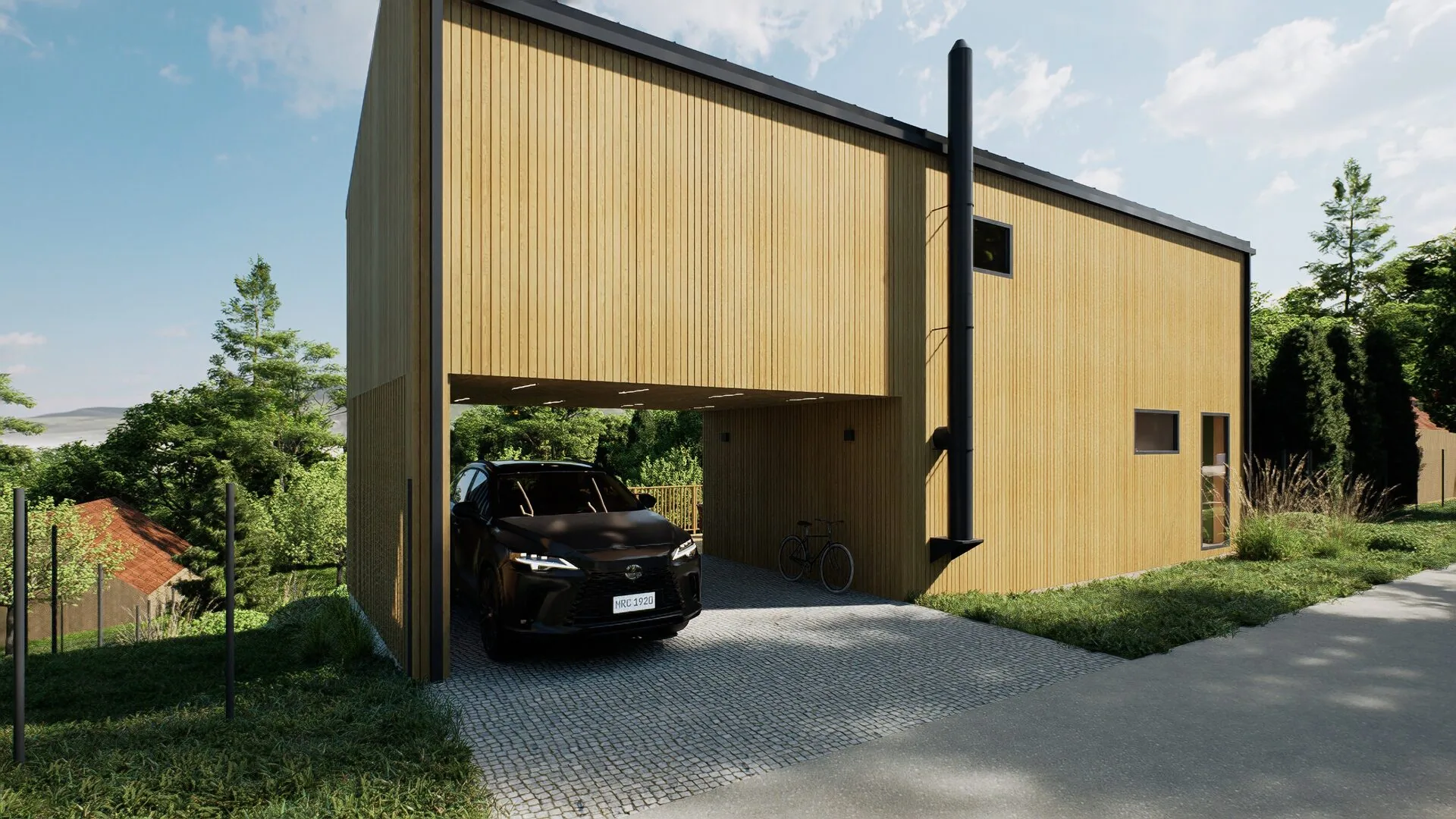 Tiny house s krytým stáním — vizualizace